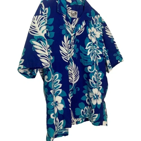 Vintage 80’s Men’s Blue Hawaiian Palm Print Short Sleeve Shirt Made In Hawaii